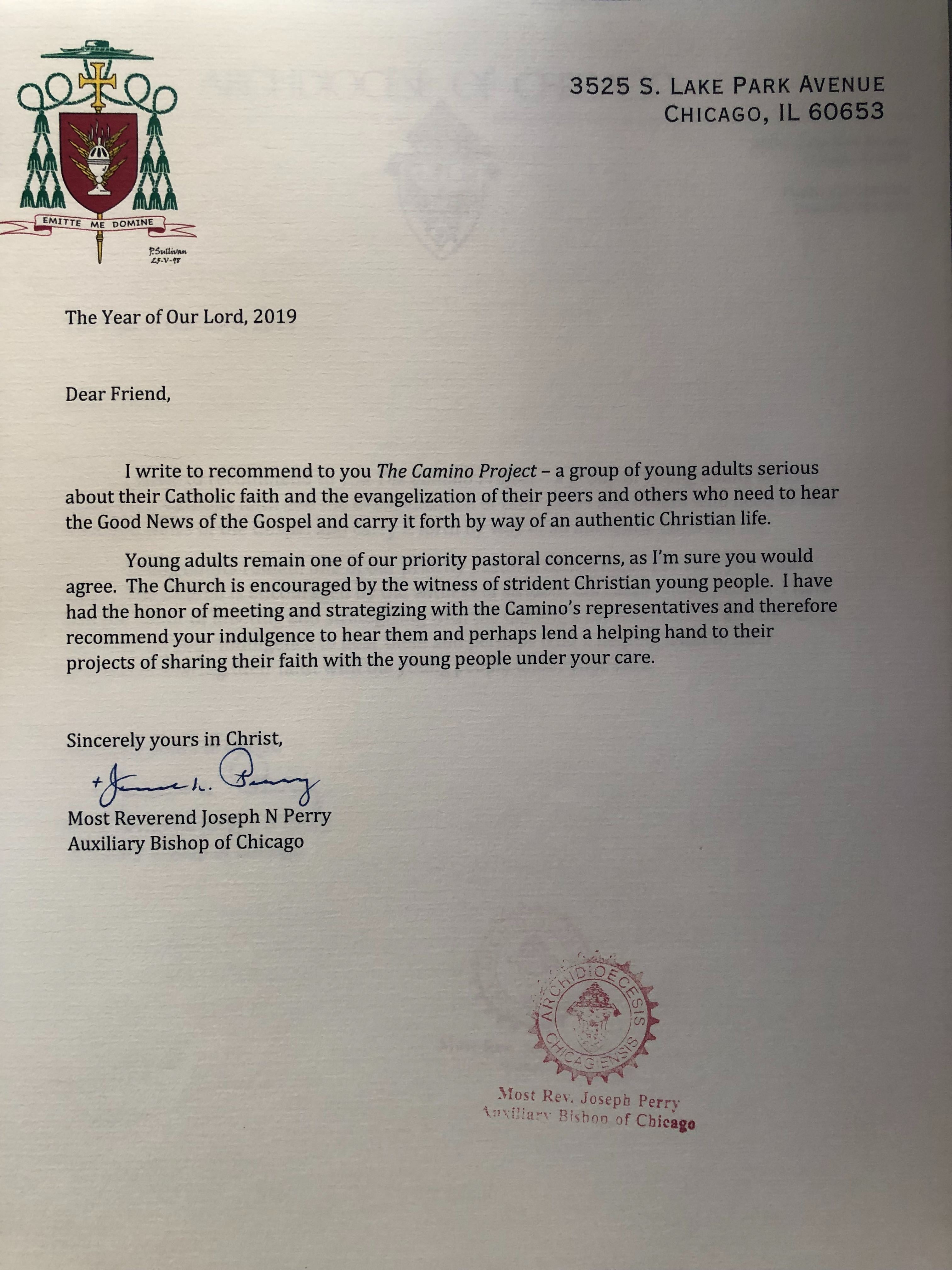 Bishop Perry's 2019 Recommendation Letter